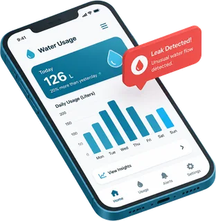 The MiAgua app on a phone showing hourly water use and a high-usage alert